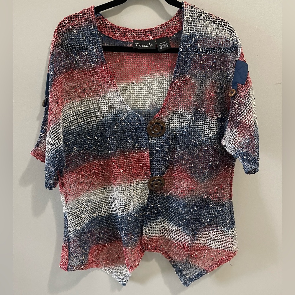 Frazzle Mesh Big Button Cardigan‎ Open Weave Asymmetrical Hem 4 July Top M
